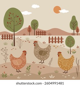 Rural landscape.  Floral pattern with cute cartoon colorful chickens  on white background