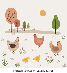 Rural landscape.  Floral pattern with cute cartoon colorful chickens  on white background