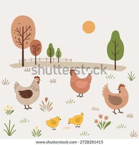 Rural landscape.  Floral pattern with cute cartoon colorful chickens  on white background