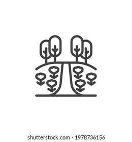 Rural landscape with flower field and trees line icon. linear style sign for mobile concept and web design. Countryside landscape outline vector icon. Symbol, logo illustration. Vector graphics