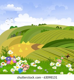 Rural landscape with flower meadow