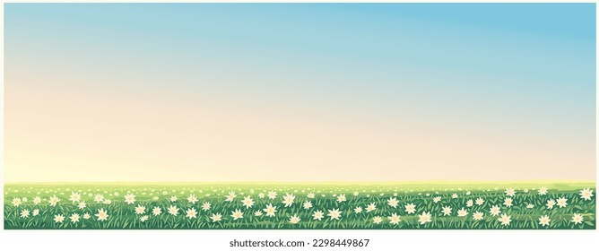 Rural landscape with flowering meadow with a carpet of large flowers in the foreground. Vector illustration.