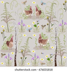 A rural landscape with flowers (chamomile, bell, astilbe), birch trees, chickens and butterflies. Horizontal ornament on beige background. Vector 10.