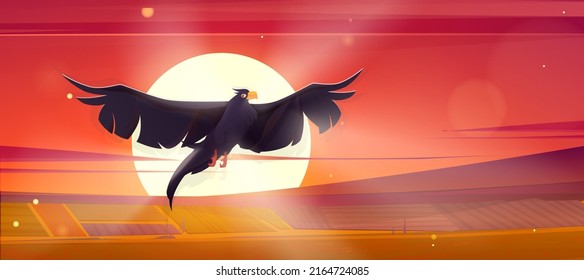 Rural landscape with flying black raven above agriculture fields on background of big evening sun. Vector cartoon illustration of countryside scenery with farm lands and wild crow at sunset