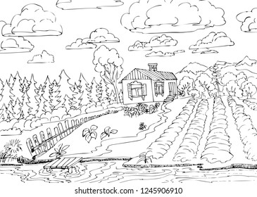 Rural landscape with forest and small house. Hand drawn illustrations for coloring