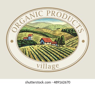 Rural landscape in the frame, a graphic design element for the create of the label or trademark.