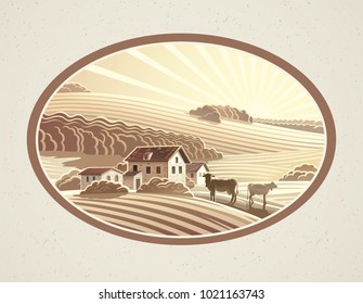 Rural landscape in the frame in monochrome color, a graphic design element for the create of the label or trademark.