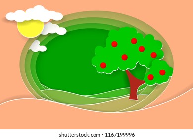 Rural landscape with fruit tree. Paper cut shapes and layers as countryside design. Vector EPS10