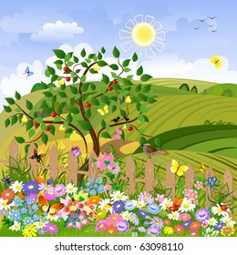 Rural landscape with fruit trees and a fence