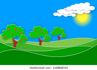 Rural landscape with fruit trees. Paper cut shapes and layers as countryside design. Vector EPS10
