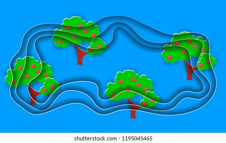 Rural landscape with fruit trees. Paper cut shapes and layers as countryside design. Vector EPS10