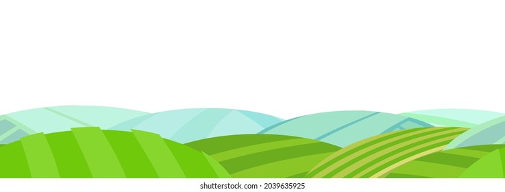 Rural landscape with garden farmer hills. Cute funny cartoon design. Horizontally background seamless illustration. Flat style. Foggy horizon. Isolated Vector