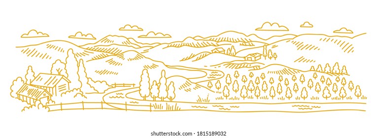 Rural landscape. Garden trees. Village field and the hills. Hand drawn sketch. Countryside. Contour vector line. Horizontal banner.