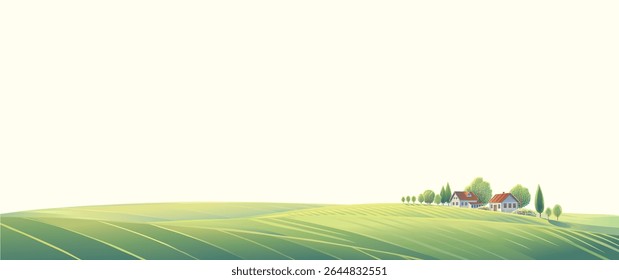 Rural landscape with gentle hills, fresh fields and a village on the slope. Warm diffused light, atmospheric haze, muted pastel colors.