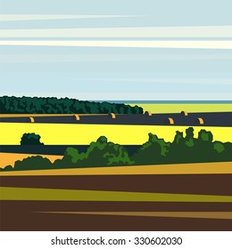 Rural landscape in the geometric style with trees, fields and haystacks. Vector landscape.