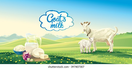 Rural Landscape With Goat And Kid, Set Dairy Product.