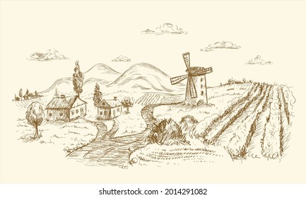 Rural landscape graphic hand drawn illustration.
