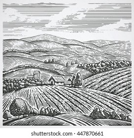 Rural landscape in graphic style, hand drawn and converted to vector Illustration.