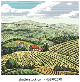 Rural Landscape In Graphic Style, Hand Drawn And Converted To Vector Illustration.