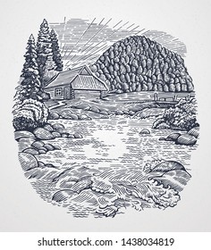 Rural landscape in graphic style with a mountain river and a hut.