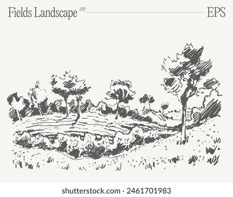 Rural landscape with grassy slopes. Hand drawn vector illustration, sketch.