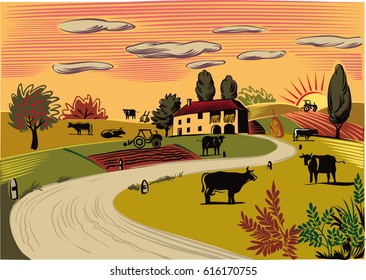 rural landscape with grazing cows