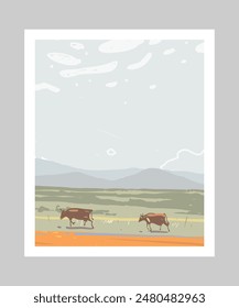 Rural landscape with grazing cows. Beautiful view of fields. Eco concept product backgrounds. Hand drawn vector art illustration. Poster minimalism art. 