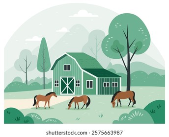 Rural landscape with a green barn, grazing horses, and surrounding trees in a serene countryside setting