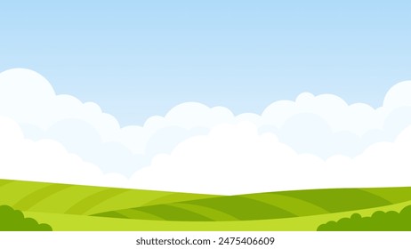 Rural landscape of green field, blue sky and white clouds