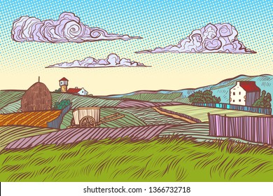 rural landscape green field village houses. Pop art retro vector illustration vintage kitsch 50s 60s