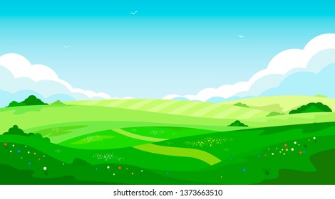 Rural landscape with green hills and blue sky in cartoon style. Ecotourism and countryside vacation. Beautiful summer meadow. Spring farmland background vector illustration