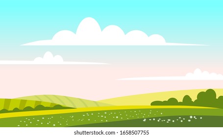 Rural landscape green hills fields, nature, bright color blue sky. Countryside scenery panorama agriculture, farming, country. Vector illustration cartoon style isolated