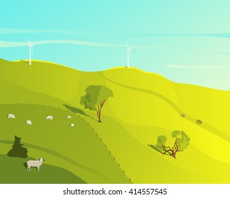 Rural landscape with green meadow and grazing sheep on a summer day. Wind farm and Farmer's field. Ecology environmental background. Natural concept.