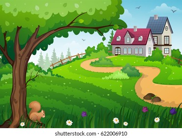 Rural landscape with green meadow, tree and buildings