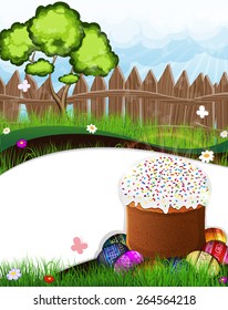 Rural landscape with green tree near the fence in the meadow. Easter bread and colored eggs in the foreground