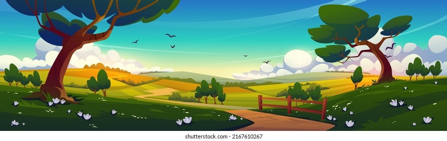 Rural landscape with green trees, agriculture fields, road and fence at sunrise. Vector cartoon panoramic illustration of summer scene of countryside, farmlands in morning