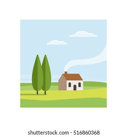 Rural landscape. Green valley with trees, clouds and house. Vector illustration flat design