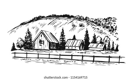 Rural landscape. Hand drawn illustration converted to vector