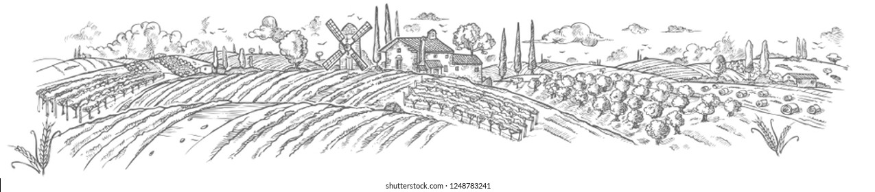 rural landscape Hand drawn with plant. Vector illustration