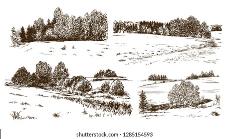 Rural landscape. Hand drawn set.