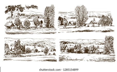 Rural landscape. Hand drawn set.