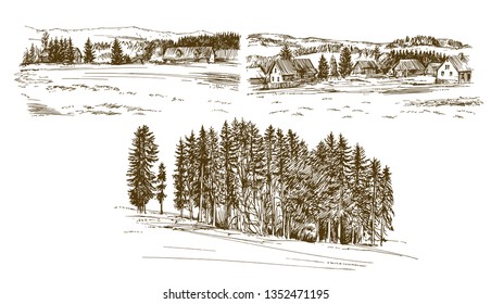 Rural landscape. Hand drawn set.