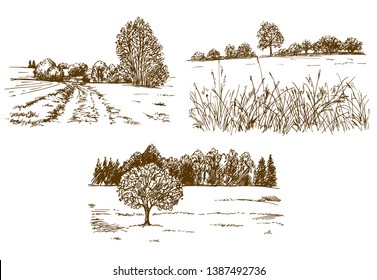 Rural landscape. Hand drawn set.