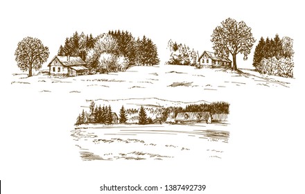 Rural landscape. Hand drawn set.