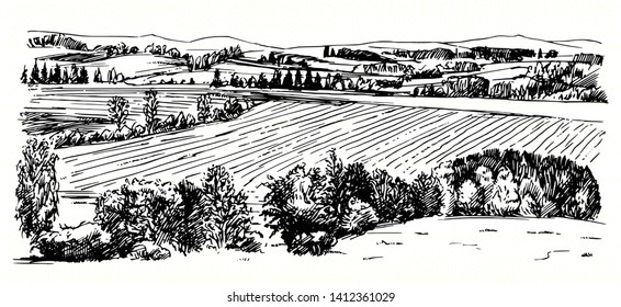 Rural landscape. Hand drawn set.