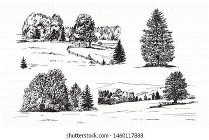 Rural landscape. Hand drawn set.