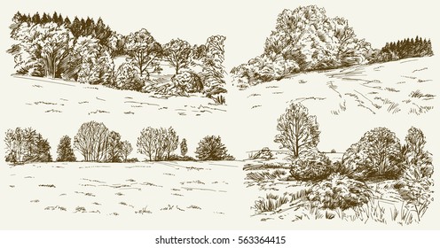 Rural landscape. Hand drawn set.