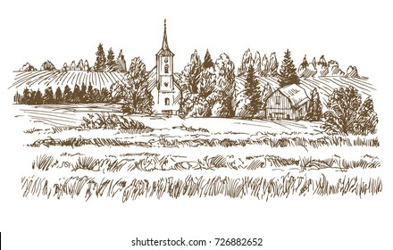 Rural landscape. Hand drawn vector illustration.