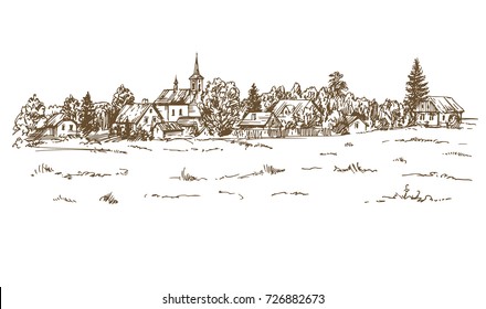Rural landscape. Hand drawn vector illustration.