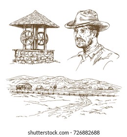 Rural landscape. Hand drawn vector illustration.